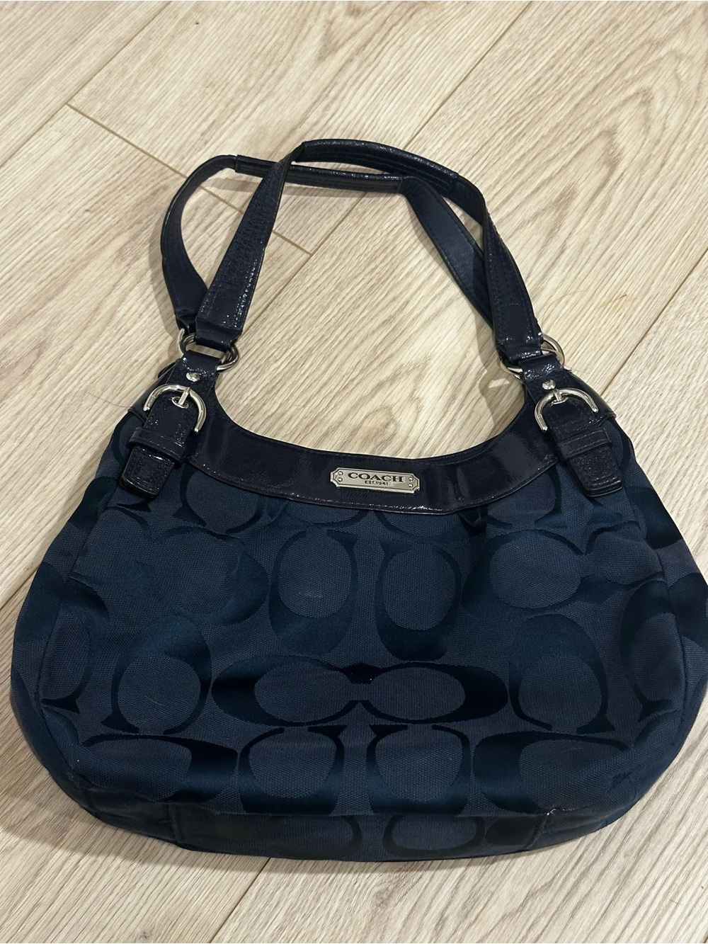 Coach Soho Signature Hobo F19445 Navy Blue Patent Leather Shoulder Bag